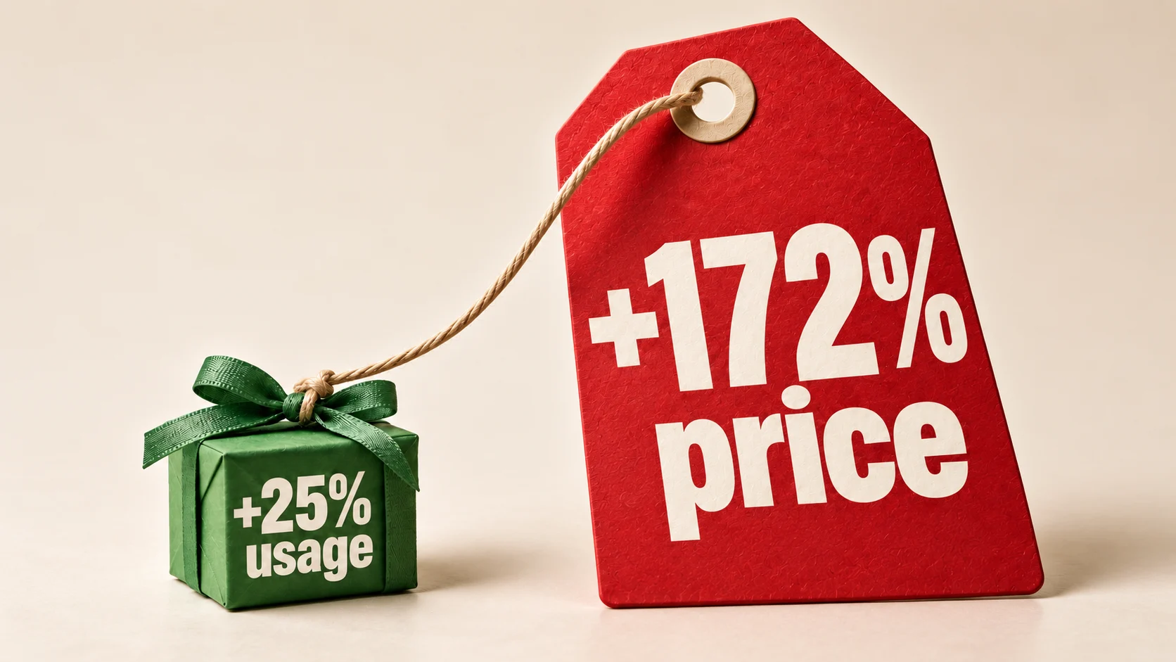 A tiny green gift marked +25% usage attached to an oversized red price tag marked +172% price